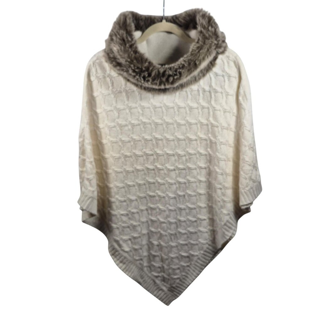 Talbots Sweater Womens M/L Mob Wife Poncho Cozy Chic Cable Knit Faux Fur Collar